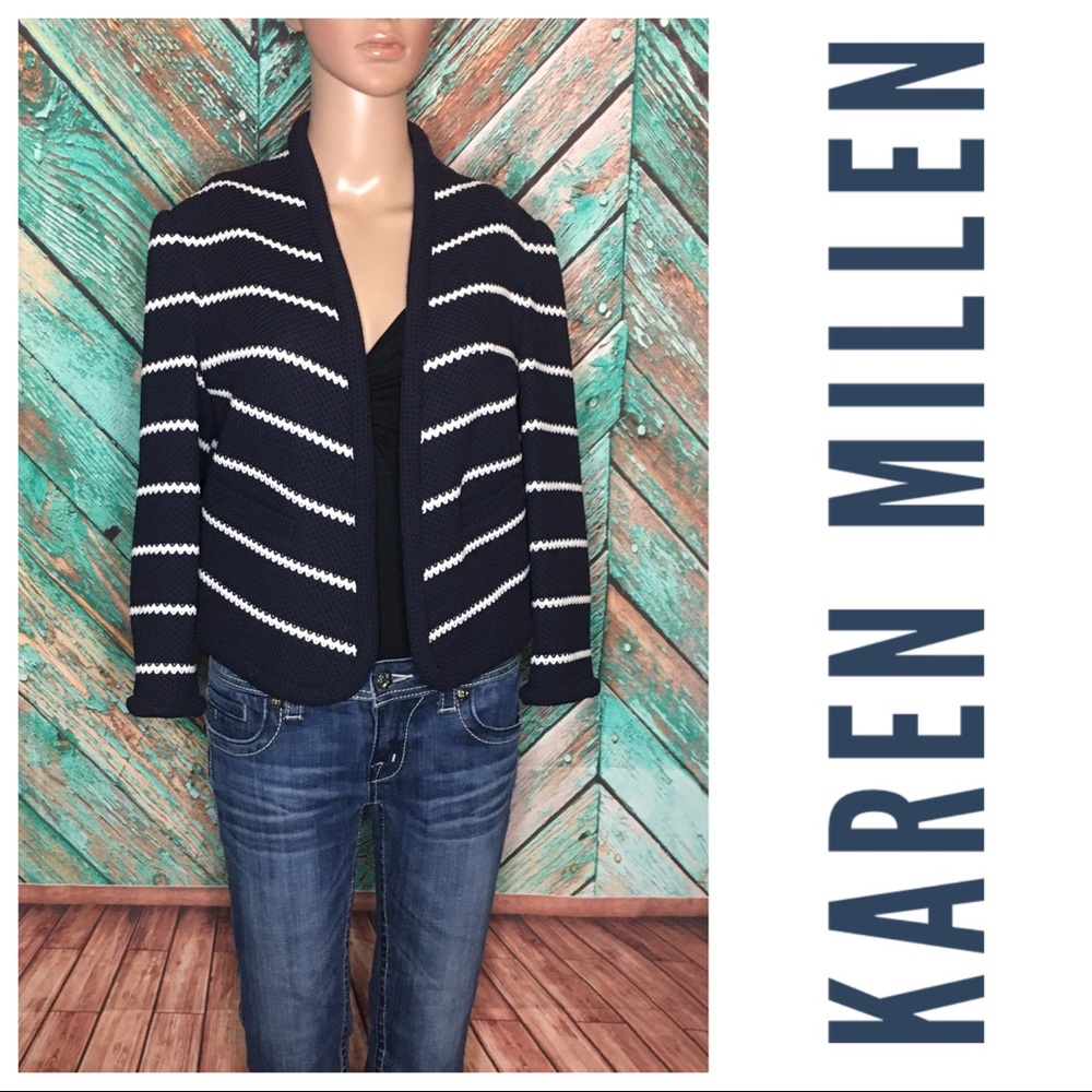 Karen Millen Navy Striped Cotton Cropped Jacket